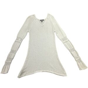 Tommy Bahama Womens Ivory V-Neck Crochet Knit Sharkbite Hem Tunic Sweater Size M